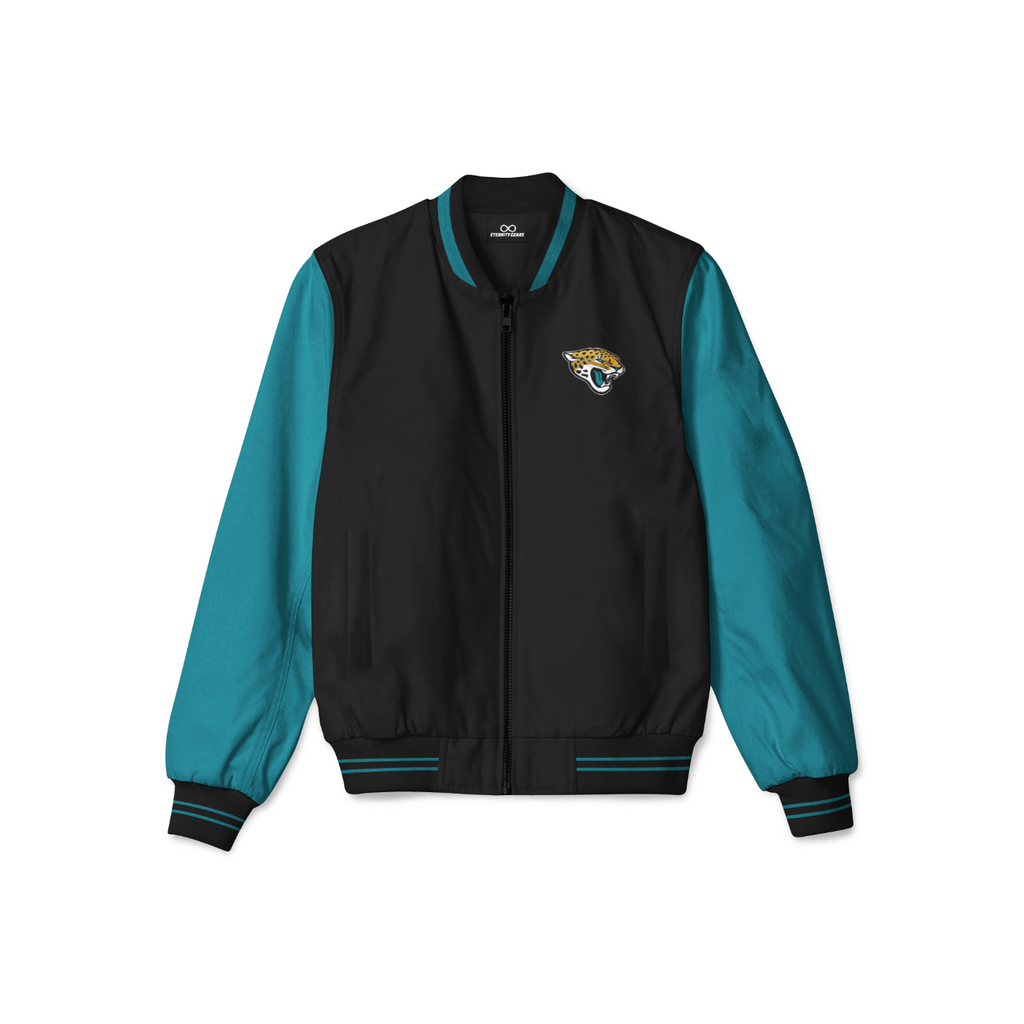 Stylish Jacksonville Jaguars bomber jacket with front zipper, ribbed cuffs, and soft inner lining for casual streetwear style.