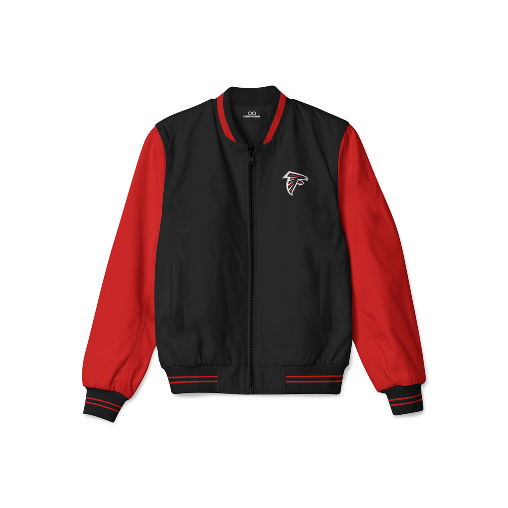 Stylish Atlanta falcon bomber jacket with front zipper, ribbed cuffs, and soft inner lining for casual streetwear style.