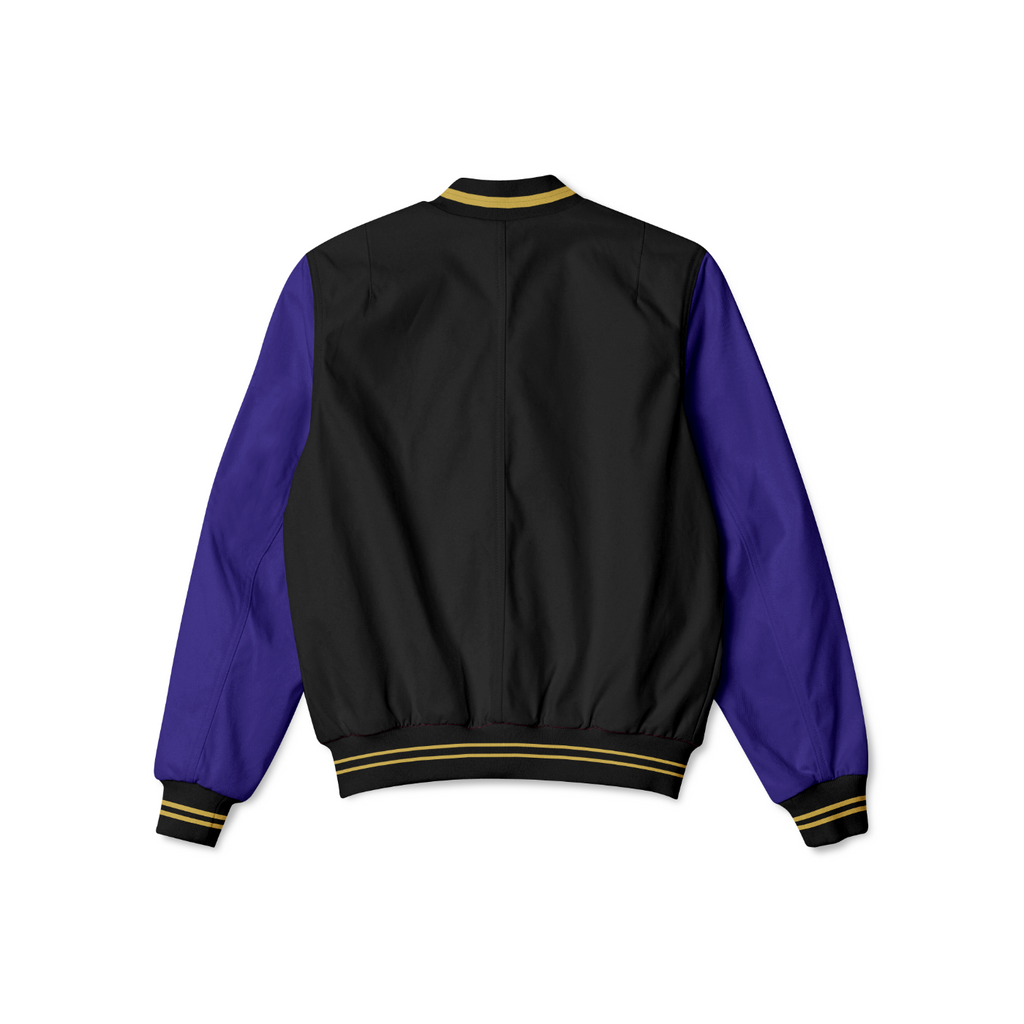 Stylish Baltimore Ravens bomber jacket with front zipper, ribbed cuffs, and soft inner lining for casual streetwear style.