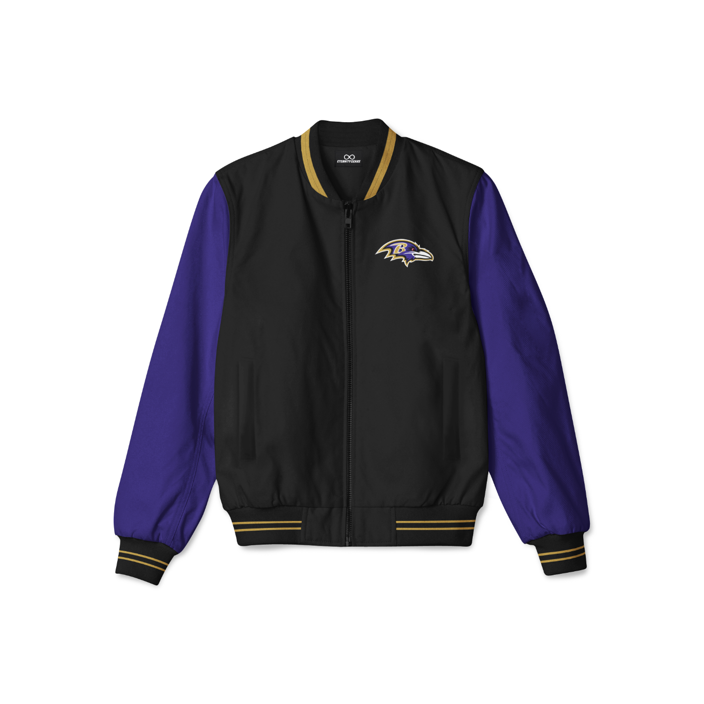 Stylish Baltimore Ravens bomber jacket with front zipper, ribbed cuffs, and soft inner lining for casual streetwear style.