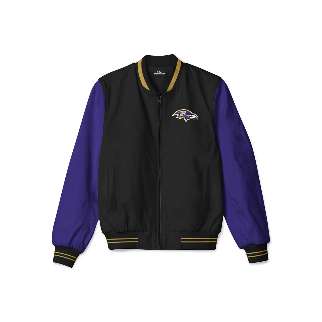 Stylish Baltimore Ravens bomber jacket with front zipper, ribbed cuffs, and soft inner lining for casual streetwear style.