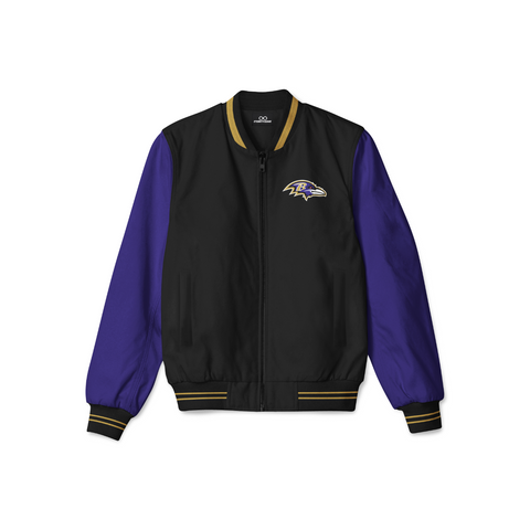 Stylish Baltimore Ravens bomber jacket with front zipper, ribbed cuffs, and soft inner lining for casual streetwear style.