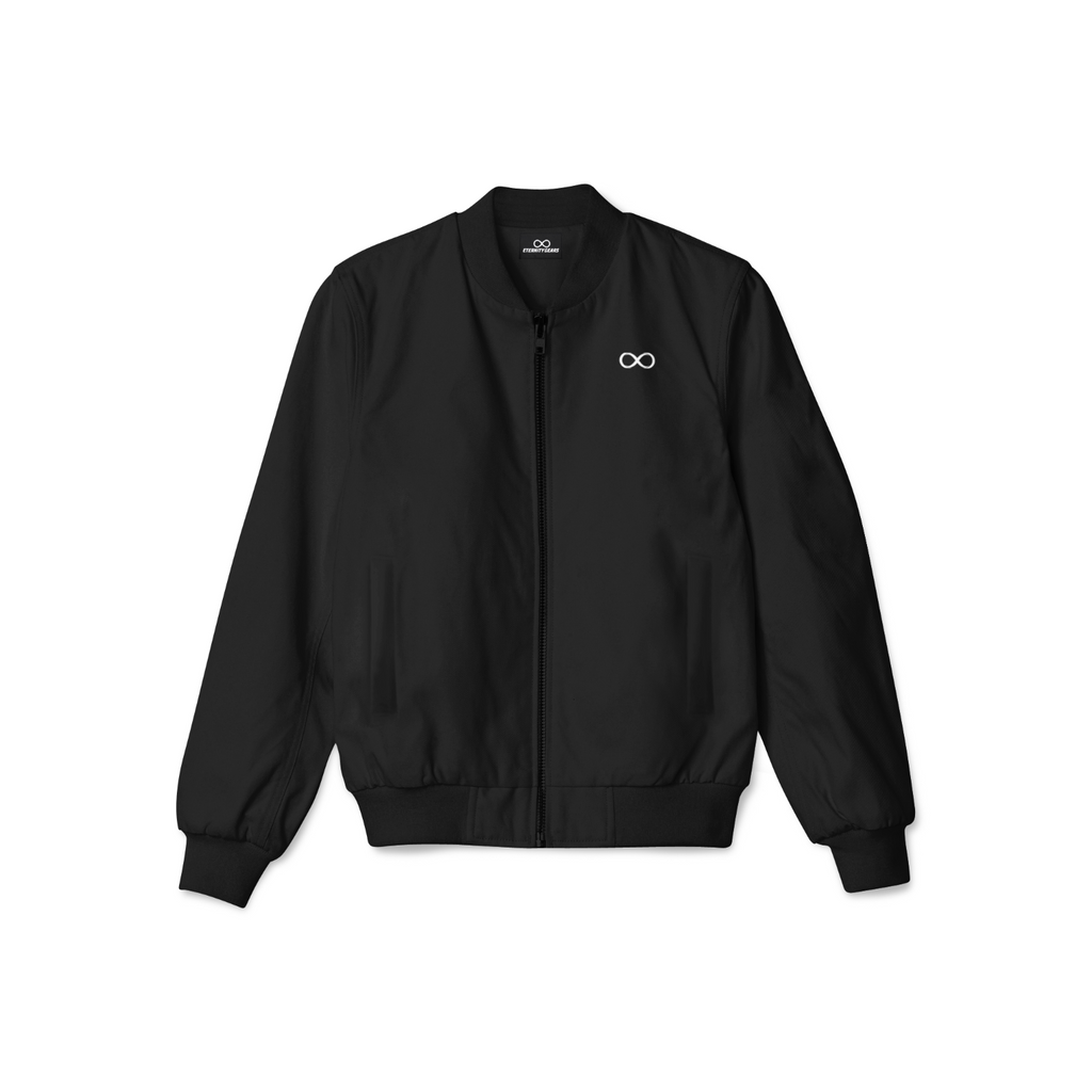 Stylish men’s black bomber jacket with front zipper, ribbed cuffs, and soft inner lining for casual streetwear style.