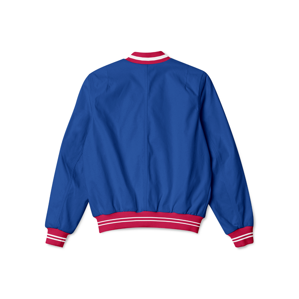 Stylish buffalo bills bomber jacket with front zipper, ribbed cuffs, and soft inner lining for casual streetwear style.