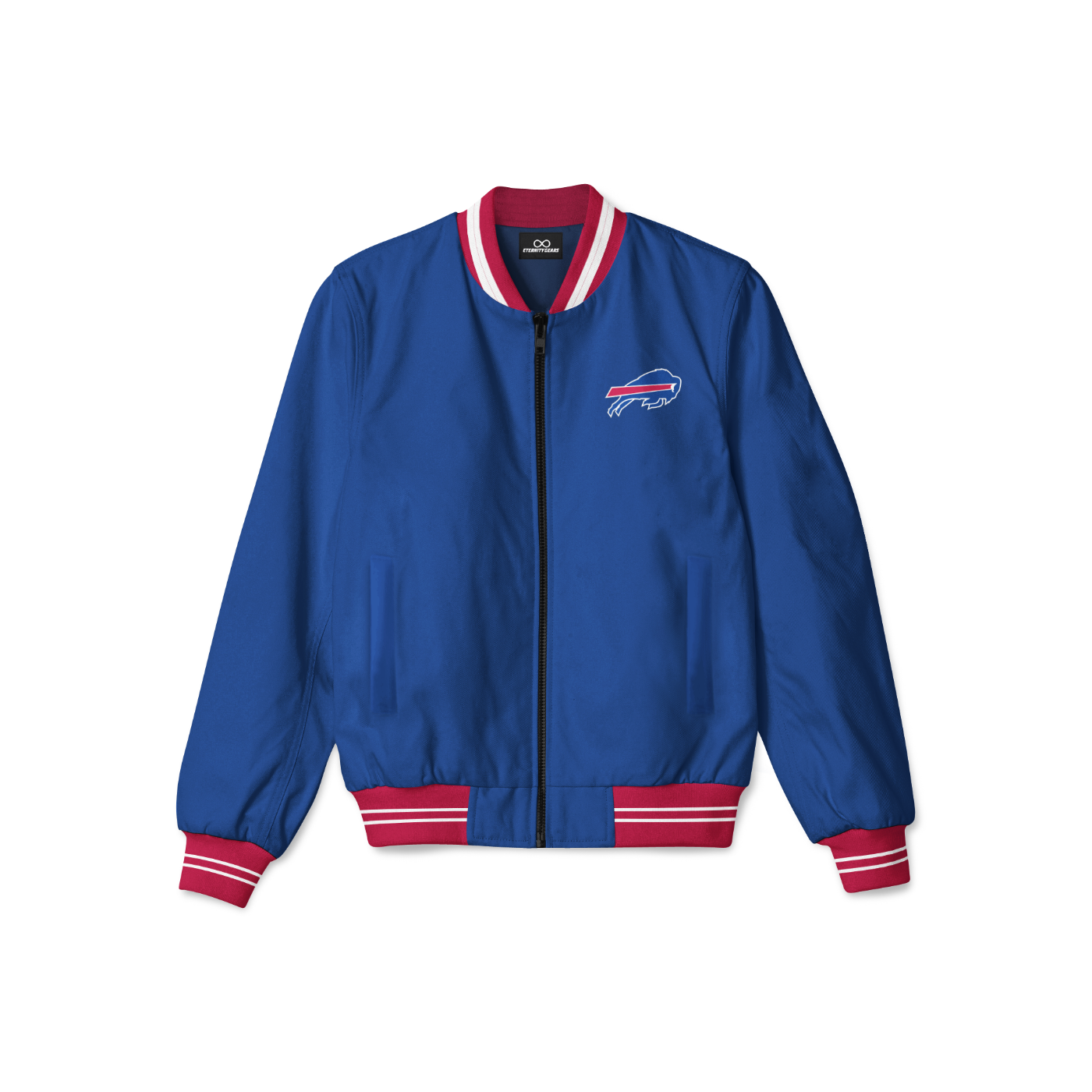 Stylish buffalo bills bomber jacket with front zipper, ribbed cuffs, and soft inner lining for casual streetwear style.