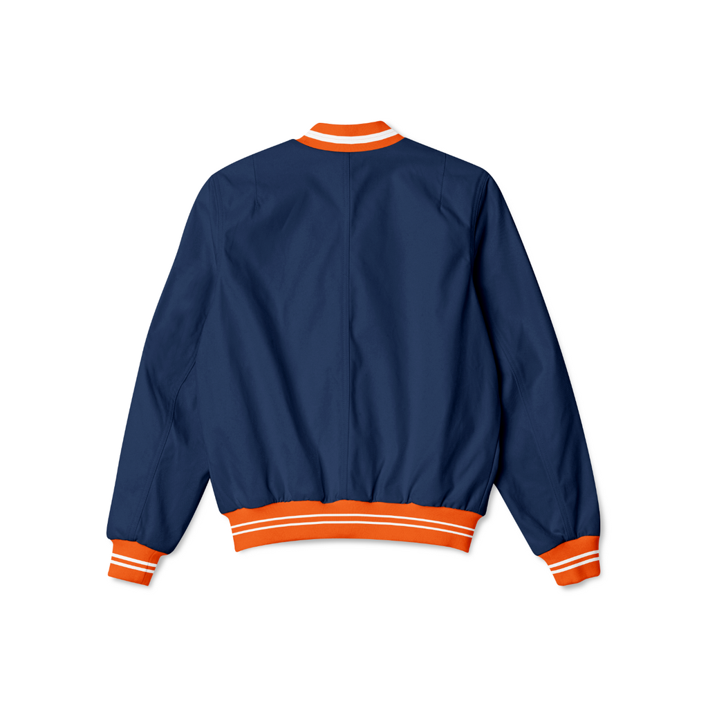 Stylish Chicago Bears bomber jacket with front zipper, ribbed cuffs, and soft inner lining for casual streetwear style.