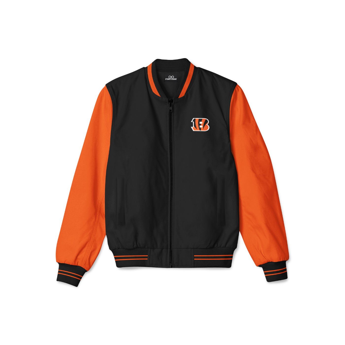 Stylish Cincinnati Bengals bomber jacket with front zipper, ribbed cuffs, and soft inner lining for casual streetwear style.