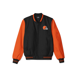 Stylish Cleveland Browns bomber jacket with front zipper, ribbed cuffs, and soft inner lining for casual streetwear style.