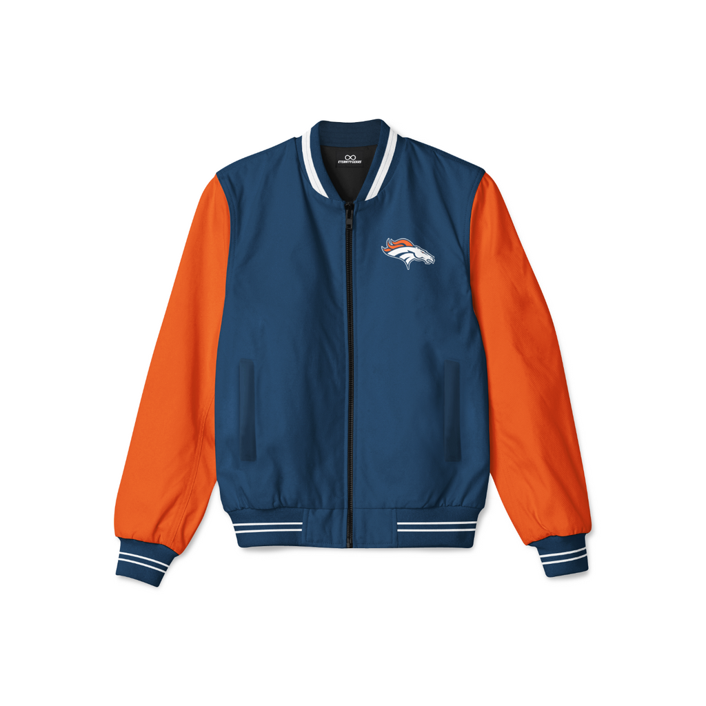 Stylish Denver Broncos bomber jacket with front zipper, ribbed cuffs, and soft inner lining for casual streetwear style.