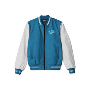 Stylish Detroit Lions bomber jacket with front zipper, ribbed cuffs, and soft inner lining for casual streetwear style.