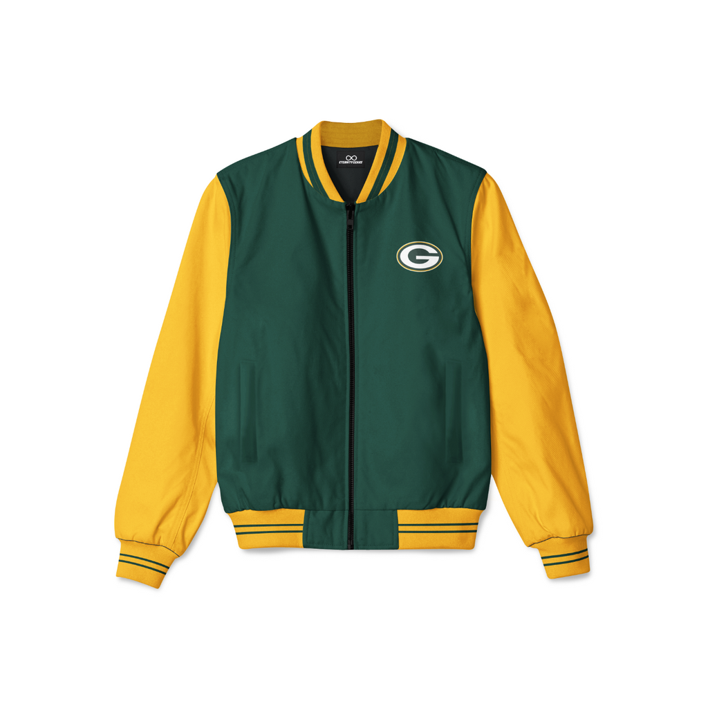 Stylish Green Bay Packers bomber jacket with front zipper, ribbed cuffs, and soft inner lining for casual streetwear style.