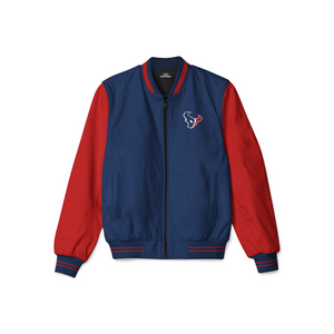 Stylish Houston Texans bomber jacket with front zipper, ribbed cuffs, and soft inner lining for casual streetwear style.