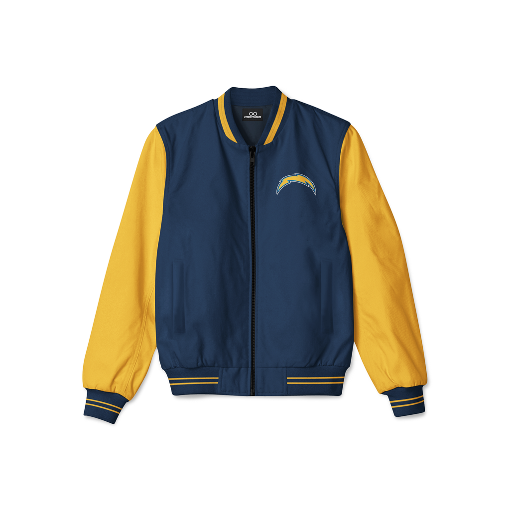 Stylish Los Angeles Chargers bomber jacket with front zipper, ribbed cuffs, and soft inner lining for casual streetwear style.