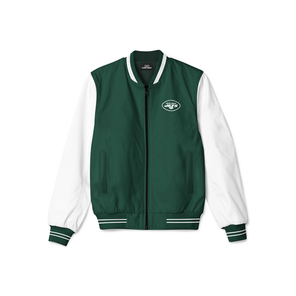 Stylish NY Jets  bomber jacket with front zipper, ribbed cuffs, and soft inner lining for casual streetwear style.