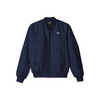 Stylish men’s navy blue bomber jacket with front zipper, ribbed cuffs, and soft inner lining for casual streetwear style.