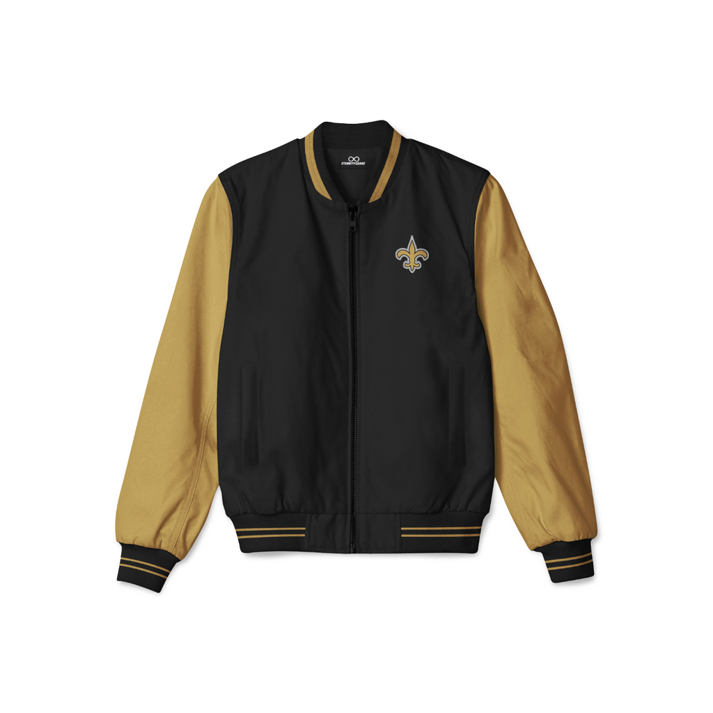 Stylish Saints bomber jacket with front zipper, ribbed cuffs, and soft inner lining for casual streetwear style.