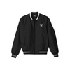 Stylish Oakland Raiders bomber jacket with front zipper, ribbed cuffs, and soft inner lining for casual streetwear style.