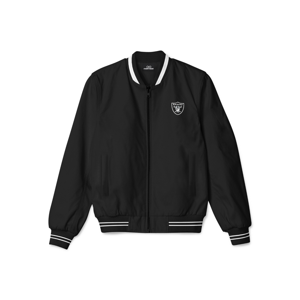 Stylish Oakland Raiders bomber jacket with front zipper, ribbed cuffs, and soft inner lining for casual streetwear style.