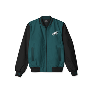 Stylish Philadelphia Eagles bomber jacket with front zipper, ribbed cuffs, and soft inner lining for casual streetwear style.