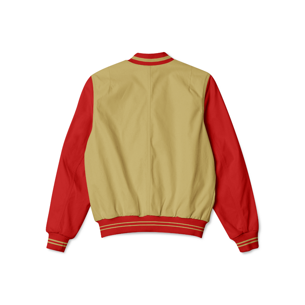 Stylish San Francisco 49ers NFL Bomber Jacket with front zipper, ribbed cuffs, and soft inner lining for casual streetwear style.