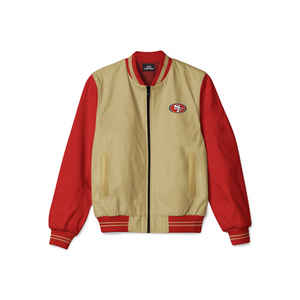 Stylish San Francisco 49ers NFL Bomber Jacket with front zipper, ribbed cuffs, and soft inner lining for casual streetwear style.