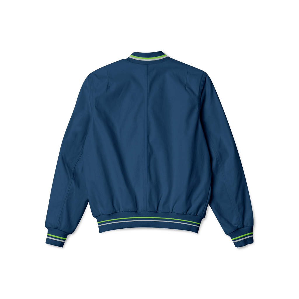 Stylish Seattle Seahawks bomber jacket with front zipper, ribbed cuffs, and soft inner lining for casual streetwear style.