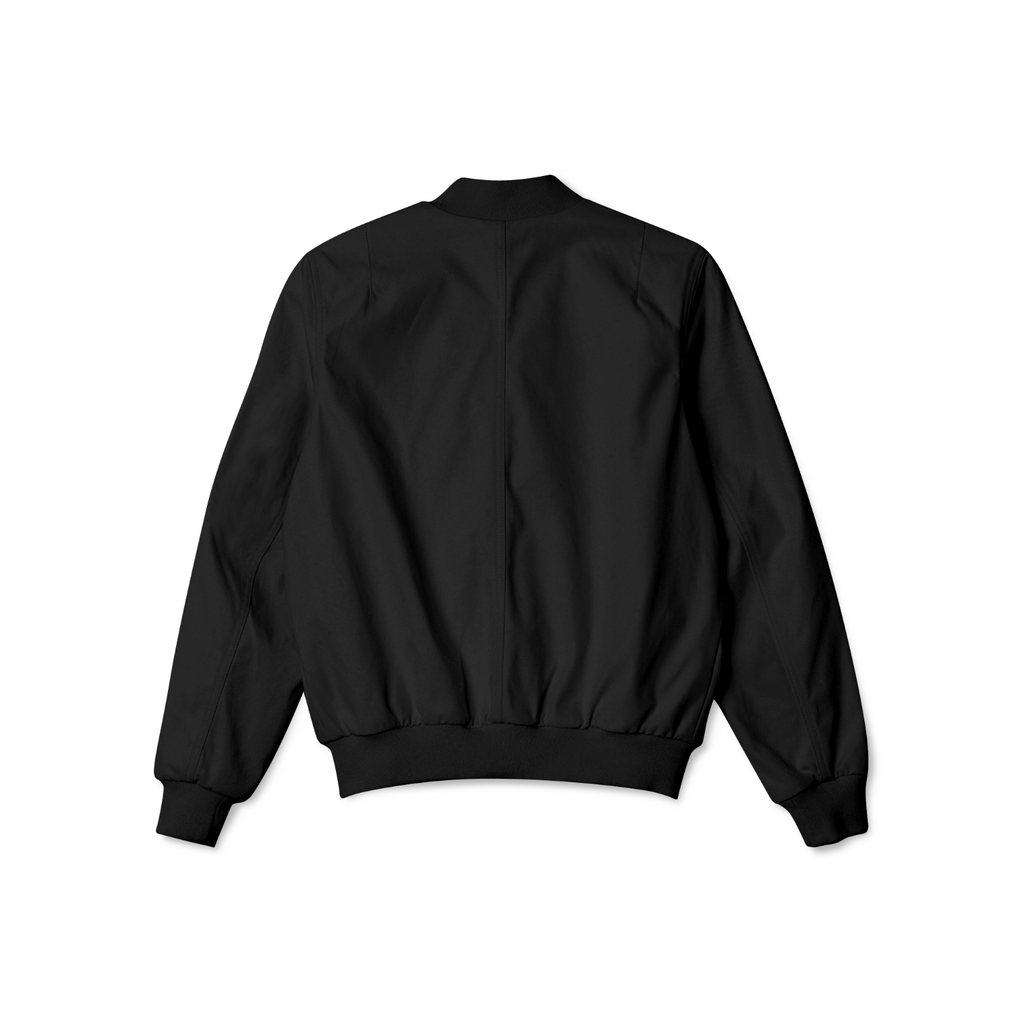 Stylish men’s black bomber jacket with front zipper, ribbed cuffs, and soft inner lining for casual streetwear style.